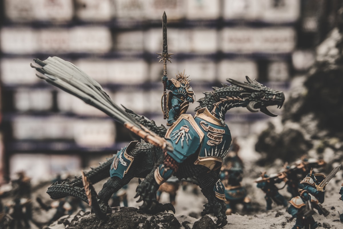 A tabletop RPG spread with miniatures and dice